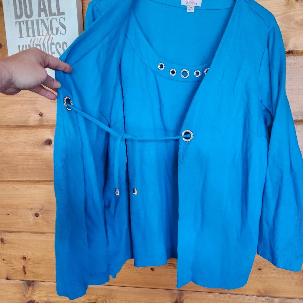 Quacker Factory Blue Cardigan Tank Sweater Top Set Rhinestone Keyhole Plus Sz 2X - Picture 10 of 10